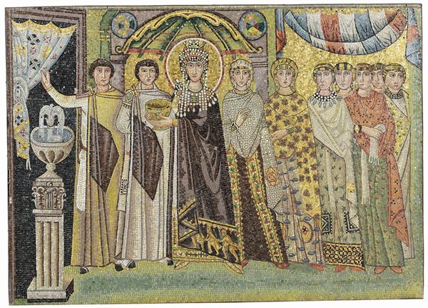 Mosaic panels representing the Emperor Justinian and the Empress Theodosia, Italian mosaic artists, 20th century