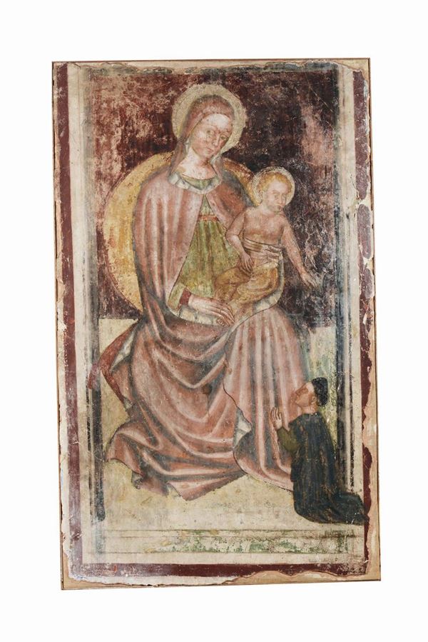 A piece of fresco on a canvas representing a Madonna with Child, Verona master, 15th century Madonna con Bambino