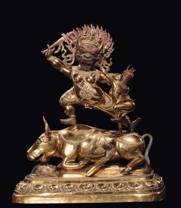 An important repussè gilt copper Outer Yama sculpture, China, Qing Dynasty, Qianlong period (1736-179 [..]