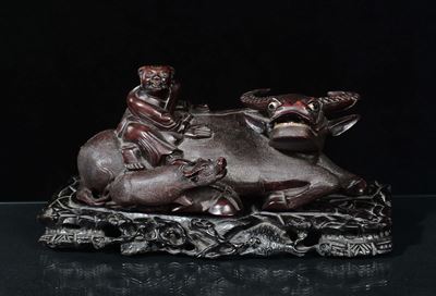 Scultura in Legno Raffigurante Bufalo con Personaggio, Cina, Repubblica, XX Secolo