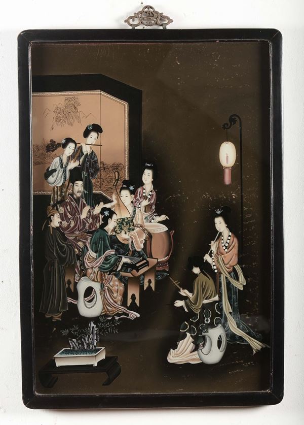 Coppia di dipinti su vetro raffiguranti scene di corte, Cina, inizio XX secolo