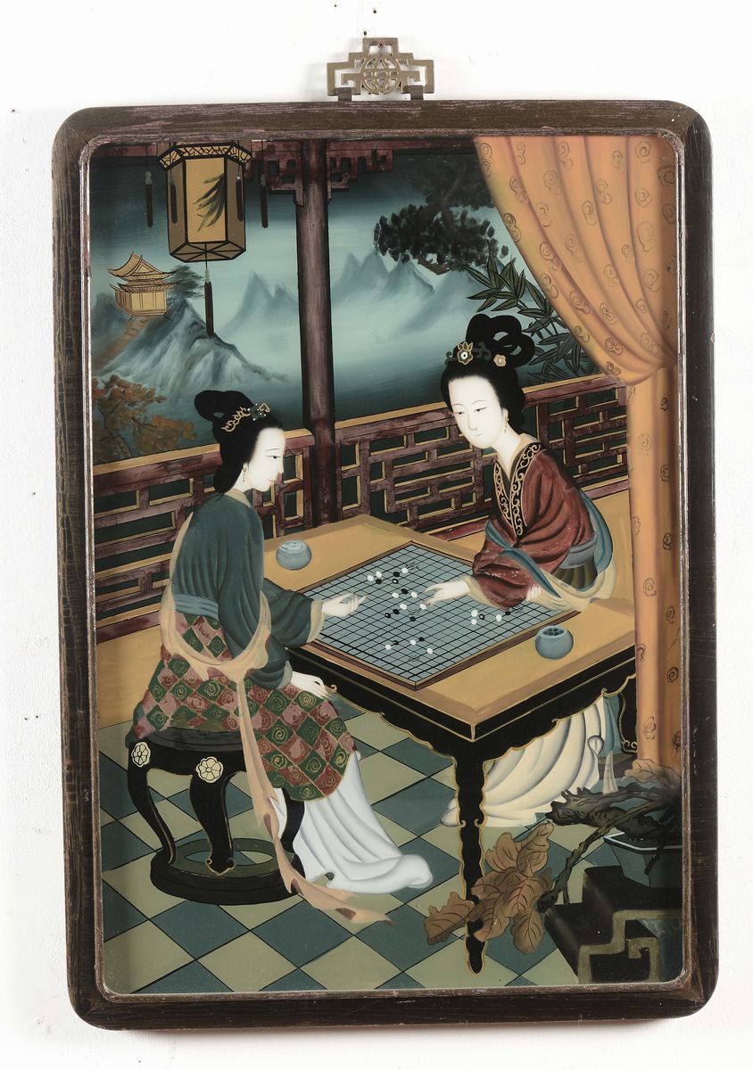 Coppia di Dipinti su Vetro Raffiguranti Scene di Corte, Cina, Inizio XX Secolo
