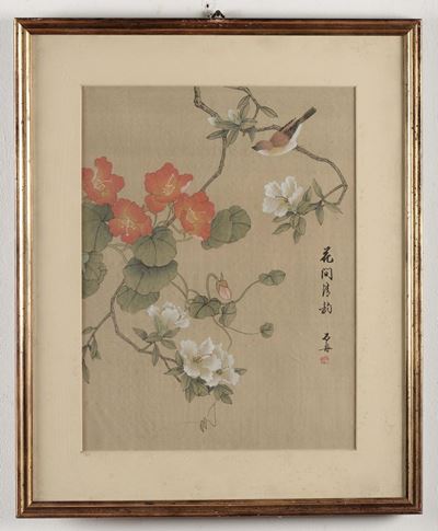Coppia di Dipinti su Carta con Passerotti e Scritte, Cina, Dinastia Qing, Inizio XX Secolo