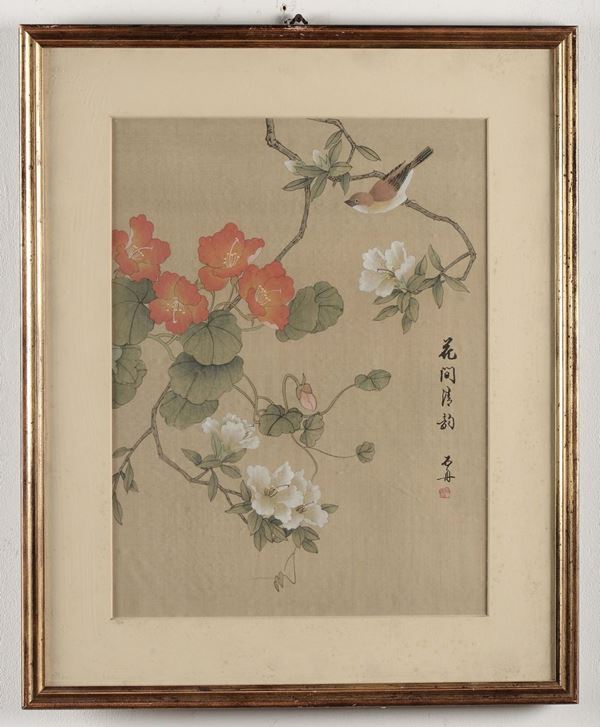 Coppia di dipinti su carta con passerotti e scritte, Cina, Dinastia Qing, inizio XX secolo