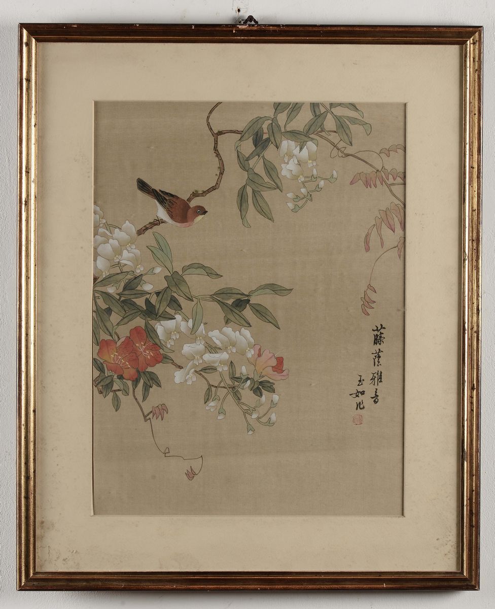 Coppia di Dipinti su Carta con Passerotti e Scritte, Cina, Dinastia Qing, Inizio XX Secolo