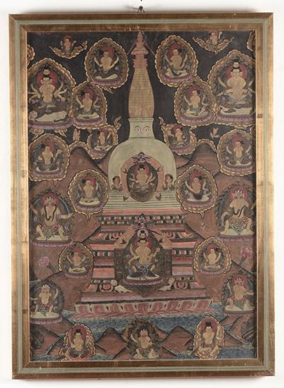 Tanka a Fondo Blu Incorniciatp con Diverse Divinità Buddiste, Tibet, XIX Secolo