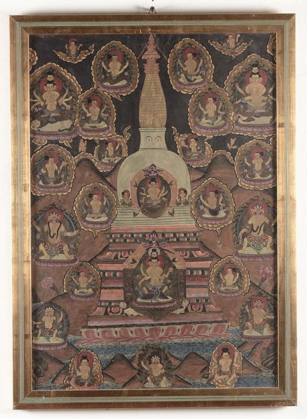 Tanka a fondo blu incorniciatp con diverse divinità buddiste, Tibet, XIX secolo