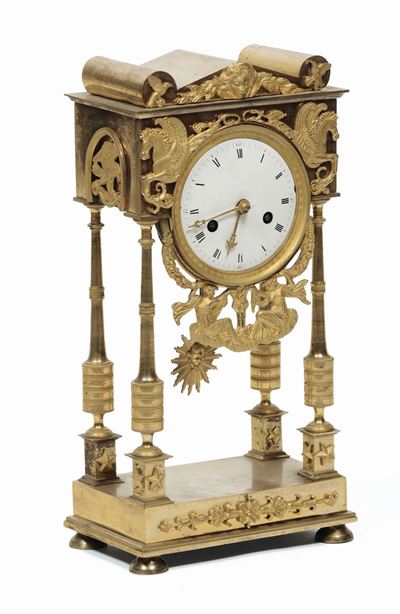 Pendola Carlo X a Portico in Bronzo Dorato, Francia Prima Metà XIX Secolo