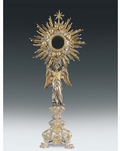 Ostensorio in Argento Fuso, Sbalzato, Cesellato e Dorato, Bolli Camerali per Roma 1750-1760 e del...