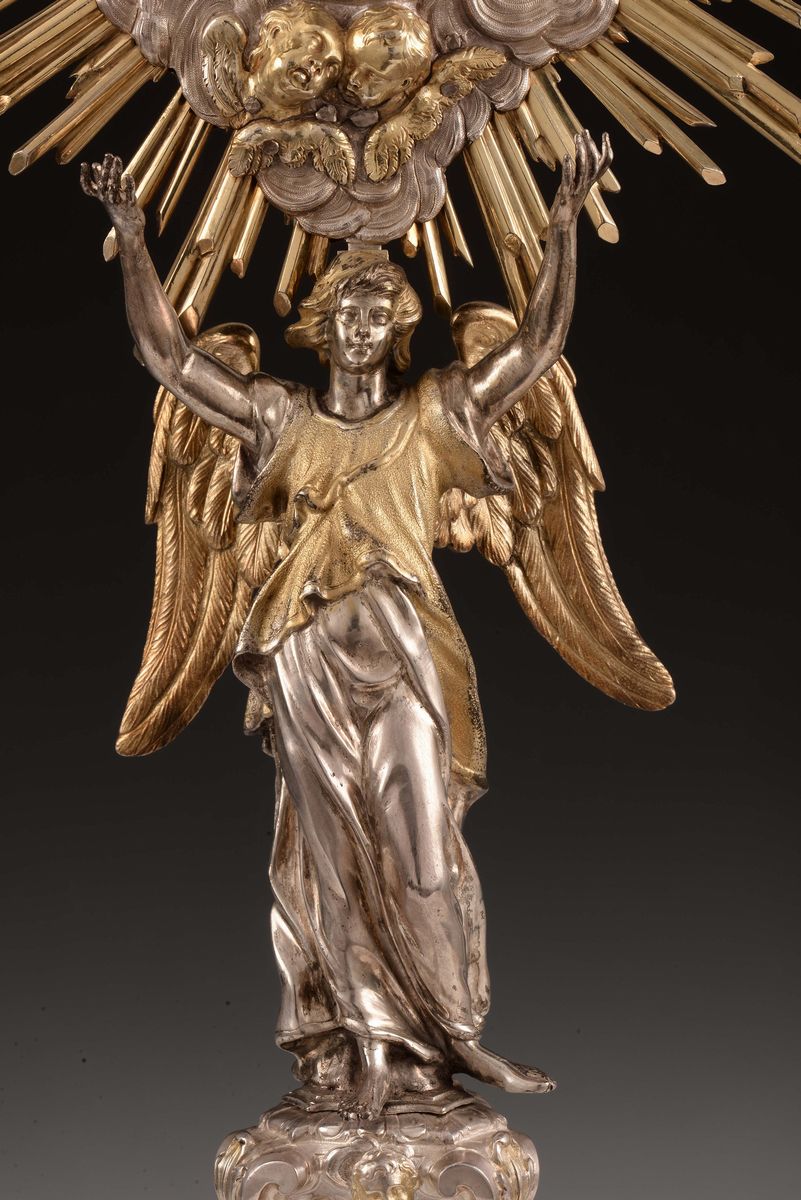 Ostensorio in Argento Fuso, Sbalzato, Cesellato e Dorato, Bolli Camerali per Roma 1750-1760 e del...