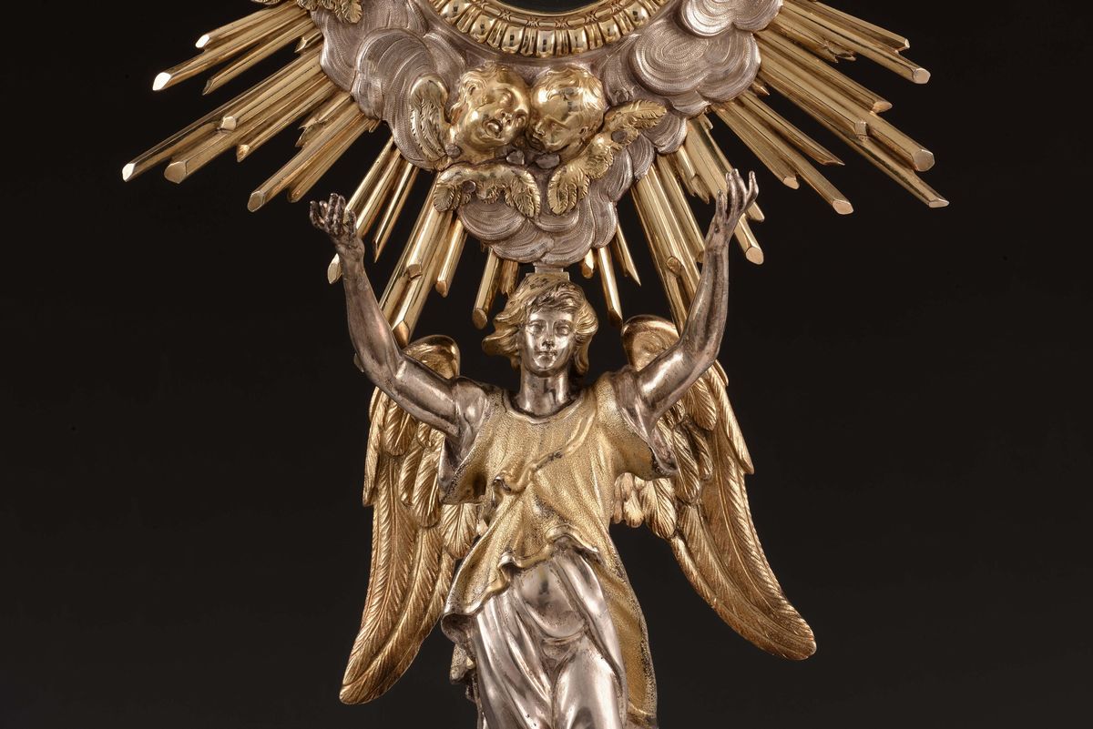 Ostensorio in Argento Fuso, Sbalzato, Cesellato e Dorato, Bolli Camerali per Roma 1750-1760 e del...