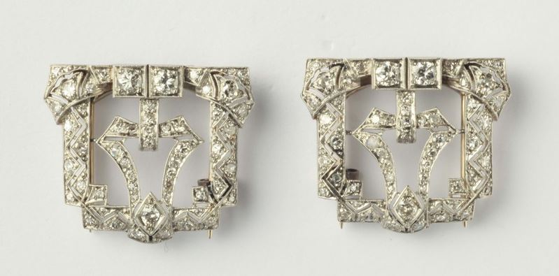 A pair of old cut diamond and platinum brooch  - Auction Fine Jewels - I - Cambi Casa d'Aste
