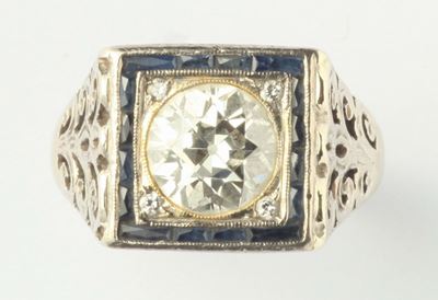 Anello con Diamante di Vecchio Taglio di Ct 1,70 e Zaffiri