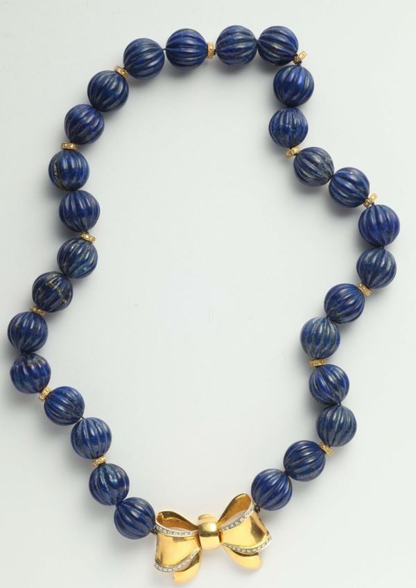 A lapis lazuli, gold and diamond necklace