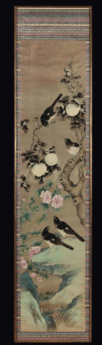 Dipinto su carta con raffigurazioni di gazze e bordo ricamato, Cina, Dinastia Qing, XIX secolo
