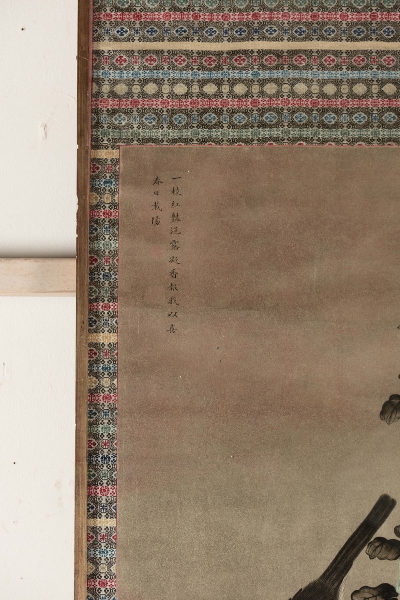 Dipinto su Carta con Raffigurazioni di Gazze e Bordo Ricamato, Cina, Dinastia Qing, XIX Secolo
