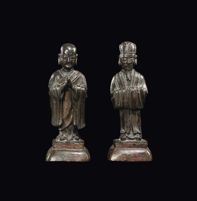 Coppia di Dignitari in Bronzo, Cina, Dinastia Qing, Epoca Kangxi (1662-1722)