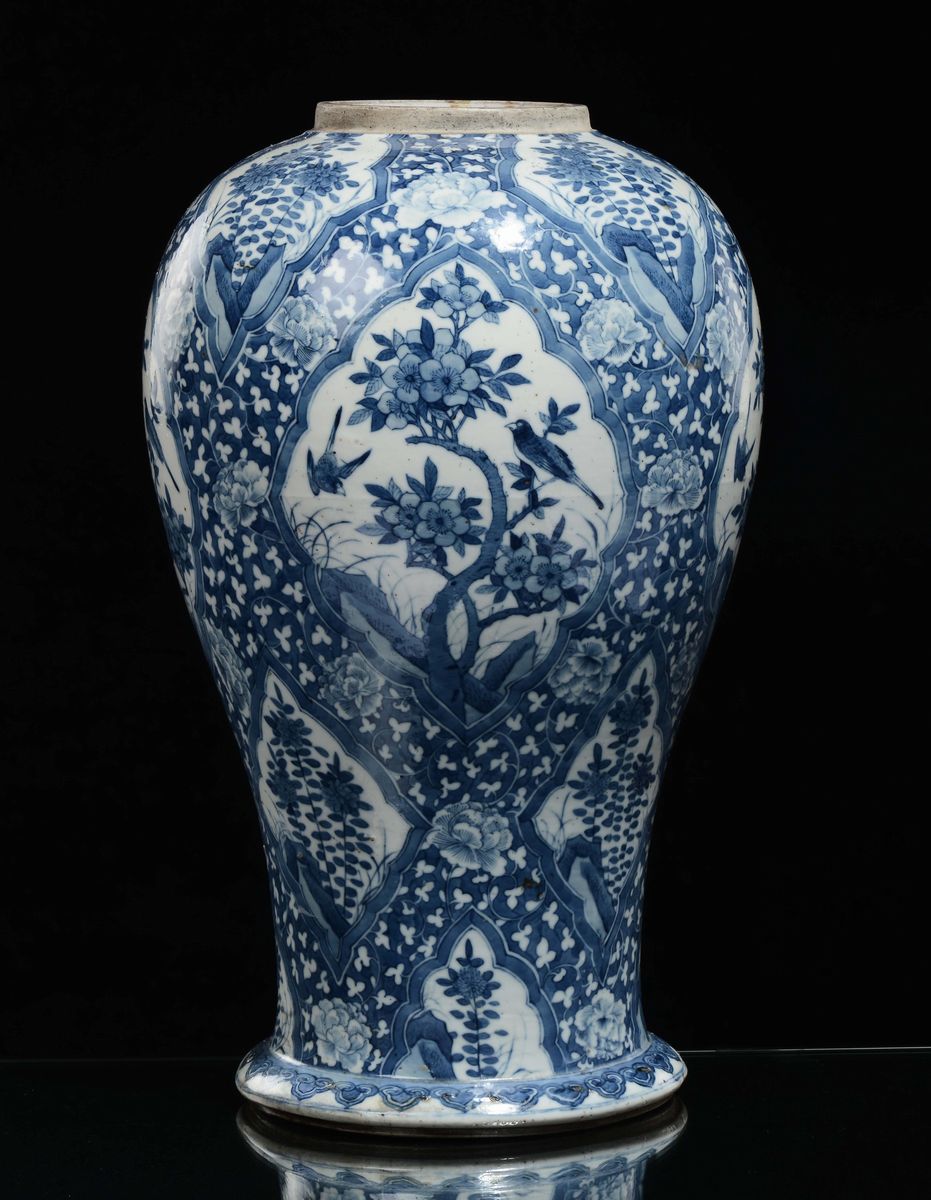 Vaso in Porcellana Bianca e Blu con Decoro Naturalistico, Cina, Dinastia Qing, XIX Secolo