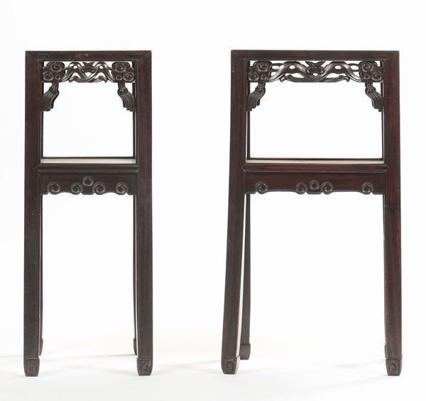 A pair of Homu wood tables with square base, China, Qing Dynasty, 19th century