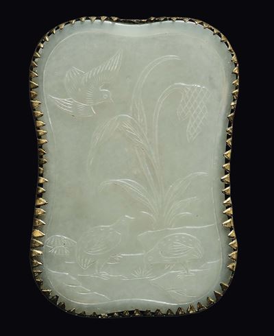 Placca in Giada Bianca Finemente Decorata con Uccelli, Cina, Dinastia Qing, Epoca Qianlong (1736-...