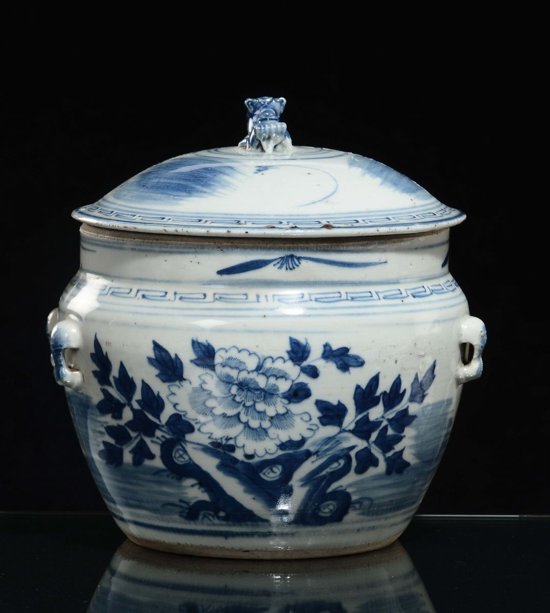 Potiche in Porcellana Bianca e Blu a Decoro Naturalistico, Cina, Inizio XX Secolo