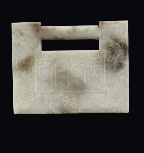A white and russet jade buckle with archaistic motif, China, Qing Dynasty, 19th century