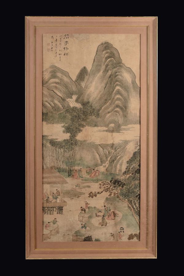 Dipinto su carta con paesaggio montano e piccola iscrizione, Cina, Dinastia Qing, XIX secolo