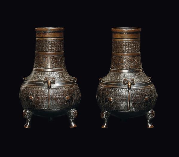 A pair of small bronze vases, archaic shape and motives, China, Qing Dynasty, Kangxi period (1662-1722)