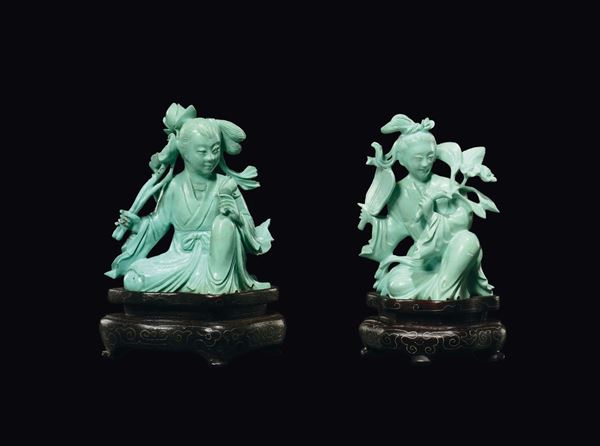 A pair of turquoise Guanyin and a turquoise “musician Guanyin” group, China, Qing Dynasty, 19th century