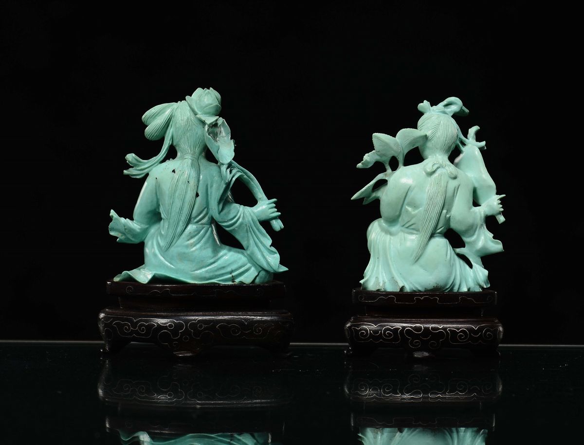 Coppia di Guanyin in Turchese e Gruppo in Turchese di Guanyin Musicanti, Cina, Dinastia Qing, XIX...
