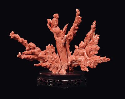 Scultura in Corallo Rosso con Guanyin e Fanciulli, Cina, Dinastia Qing, Fine XIX Secolo