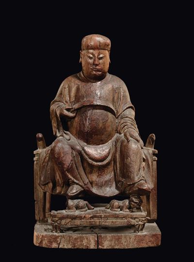 Figura di Dignitario Seduto in Legno, Cina, Dinastia Ming, XVII Secolo