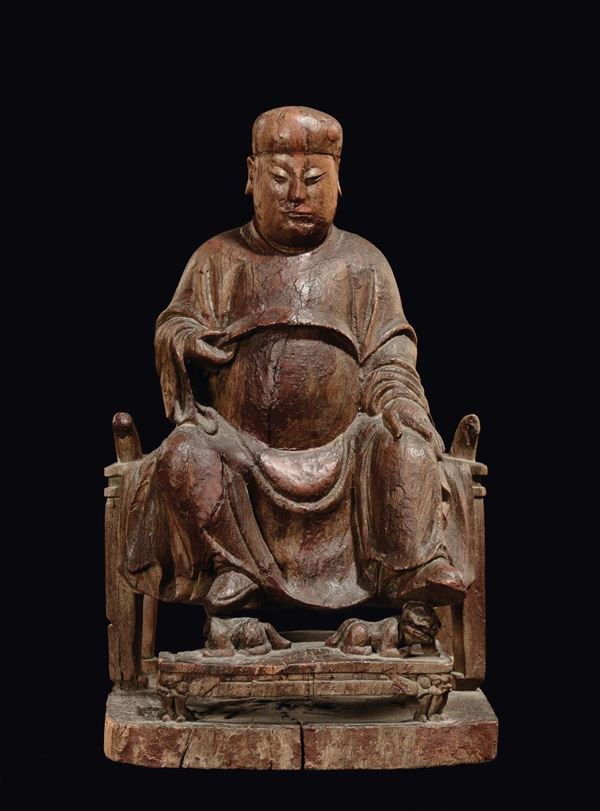 Figura di dignitario seduto in legno, Cina, Dinastia Ming, XVII secolo
