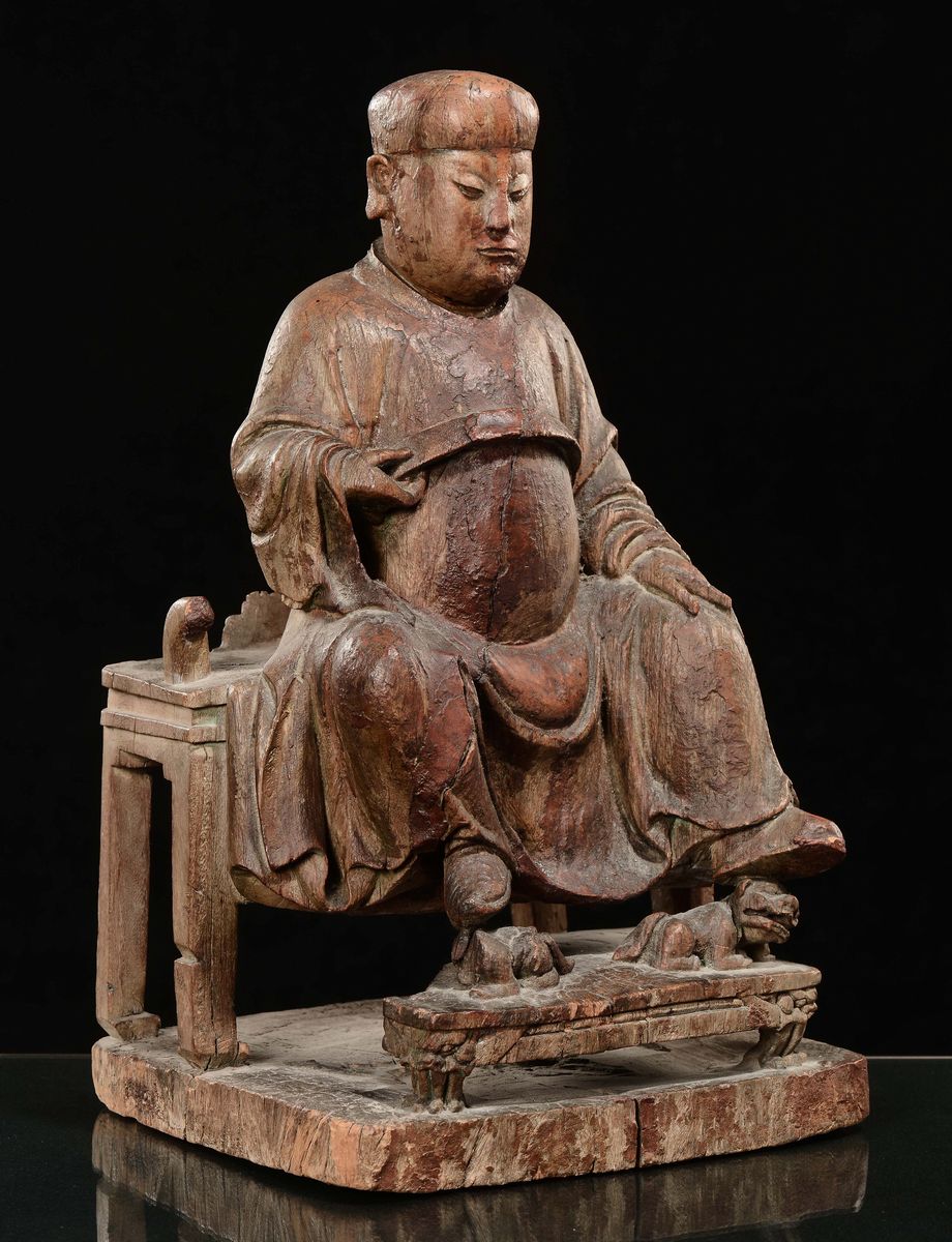 Figura di Dignitario Seduto in Legno, Cina, Dinastia Ming, XVII Secolo