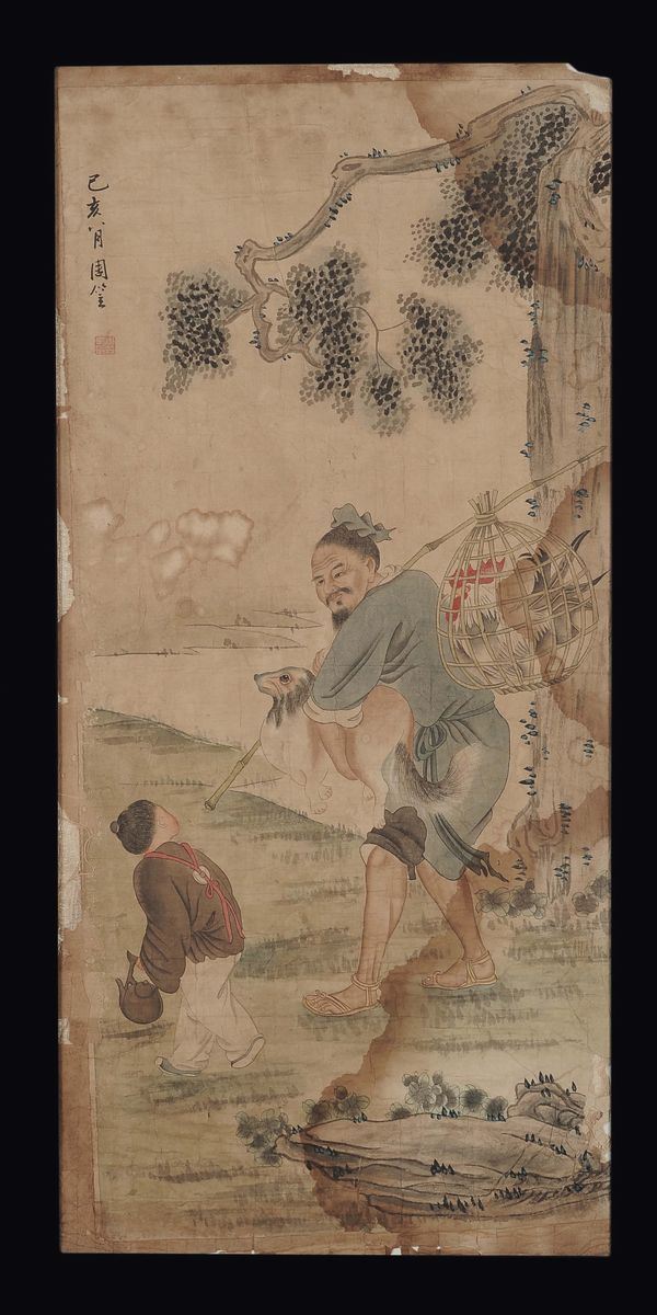 Quattro pannelli con raffigurazioni di saggi e scene di vita orientale, Cina, Dinastia Qing, inizio XIX secolo