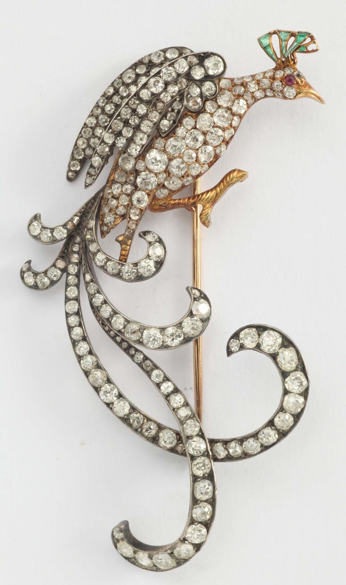 An old cut diamond, ruby, emerald, gold and silver brooch  - Auction Fine Jewels - I - Cambi Casa d'Aste