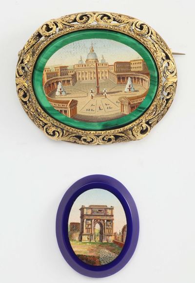 Lotto Composto da Spilla in Malachite e Micromosaico in Lapislazzulo