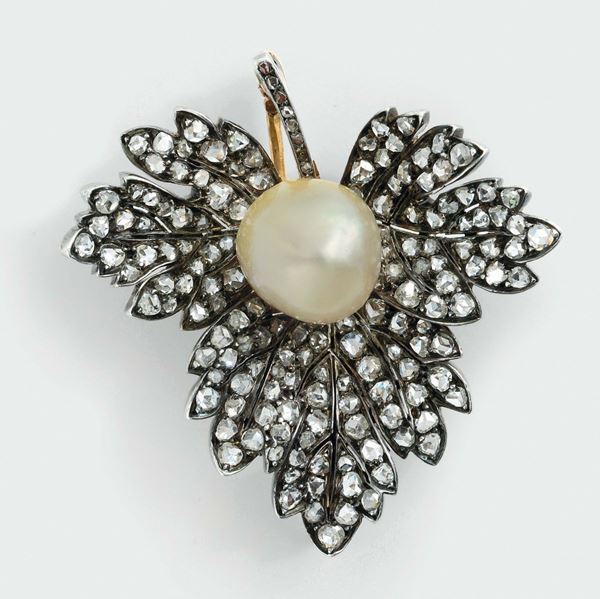 A natural salt water pearl and old cut diamond brooch