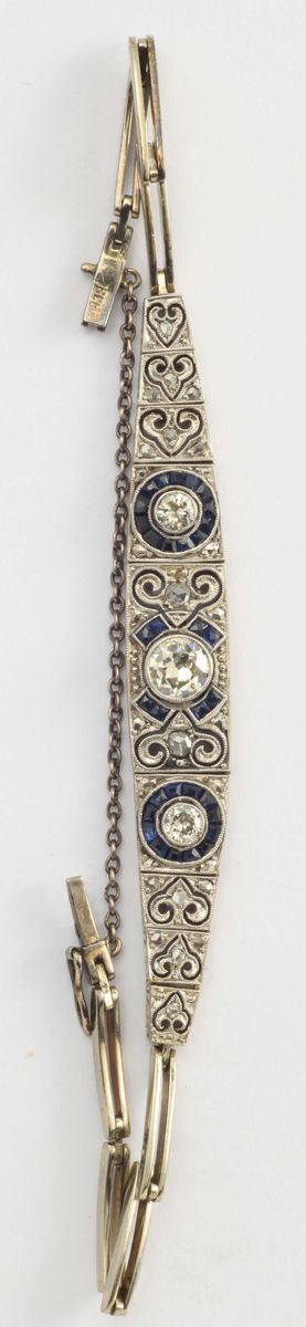 Braccialetto Art Deco con Diamanti di Vecchio Taglio e Zaffiri