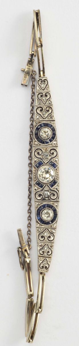 An art deco bracelet with old cut diamond and sapphire