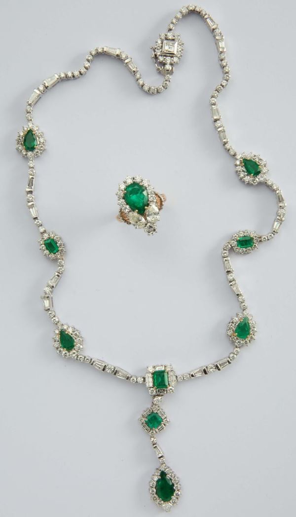 An emerald and diamond necklace and ring