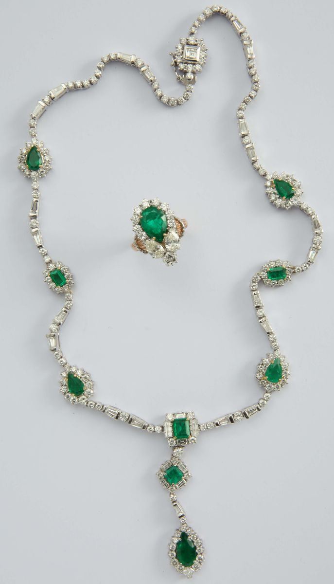 An emerald and diamond necklace and ring  - Auction Fine Jewels - I - Cambi Casa d'Aste