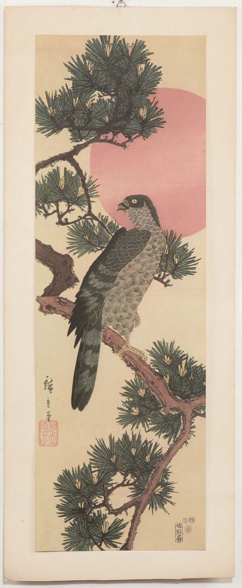Quattro scroll dipinti su carta raffiguranti personaggi e un falco, Giappone, XIX secolo