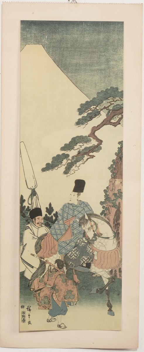 Quattro Scroll Dipinti su Carta Raffiguranti Personaggi e un Falco, Giappone, XIX Secolo