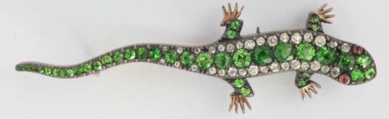 A late Victorian demantoid garnet and diamond salamander brooch  - Auction Fine Jewels - I - Cambi Casa d'Aste