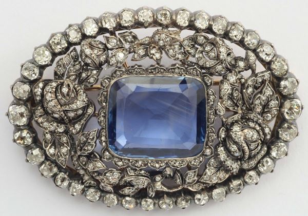 A sapphire and diamond brooch. No indication of heating (NTE)