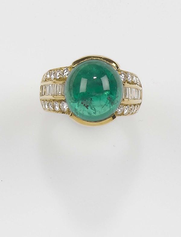A cabochon emerald and diamond ring. Signed Chiappe, Genova