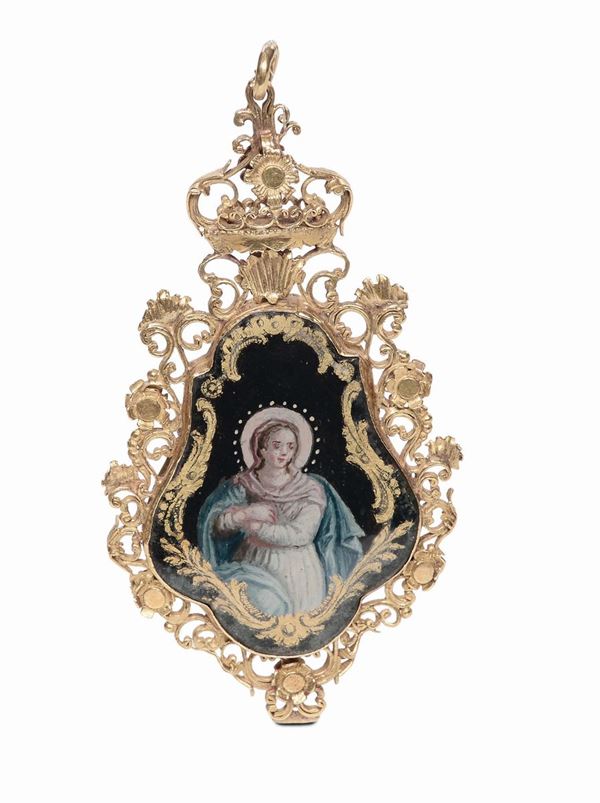Pendente con doppia miniatura su vetro entro scatola in pelle borchiata, XVIII secolo