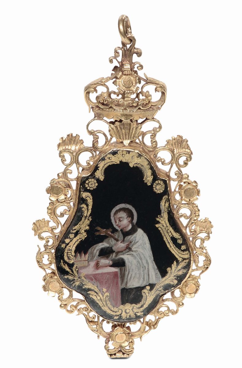 Pendente con Doppia Miniatura su Vetro Entro Scatola in Pelle Borchiata, XVIII Secolo