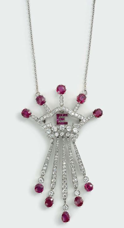Girocollo con Rubini Burma Naturali, Diamanti e Diamanti Taglio a Rosa